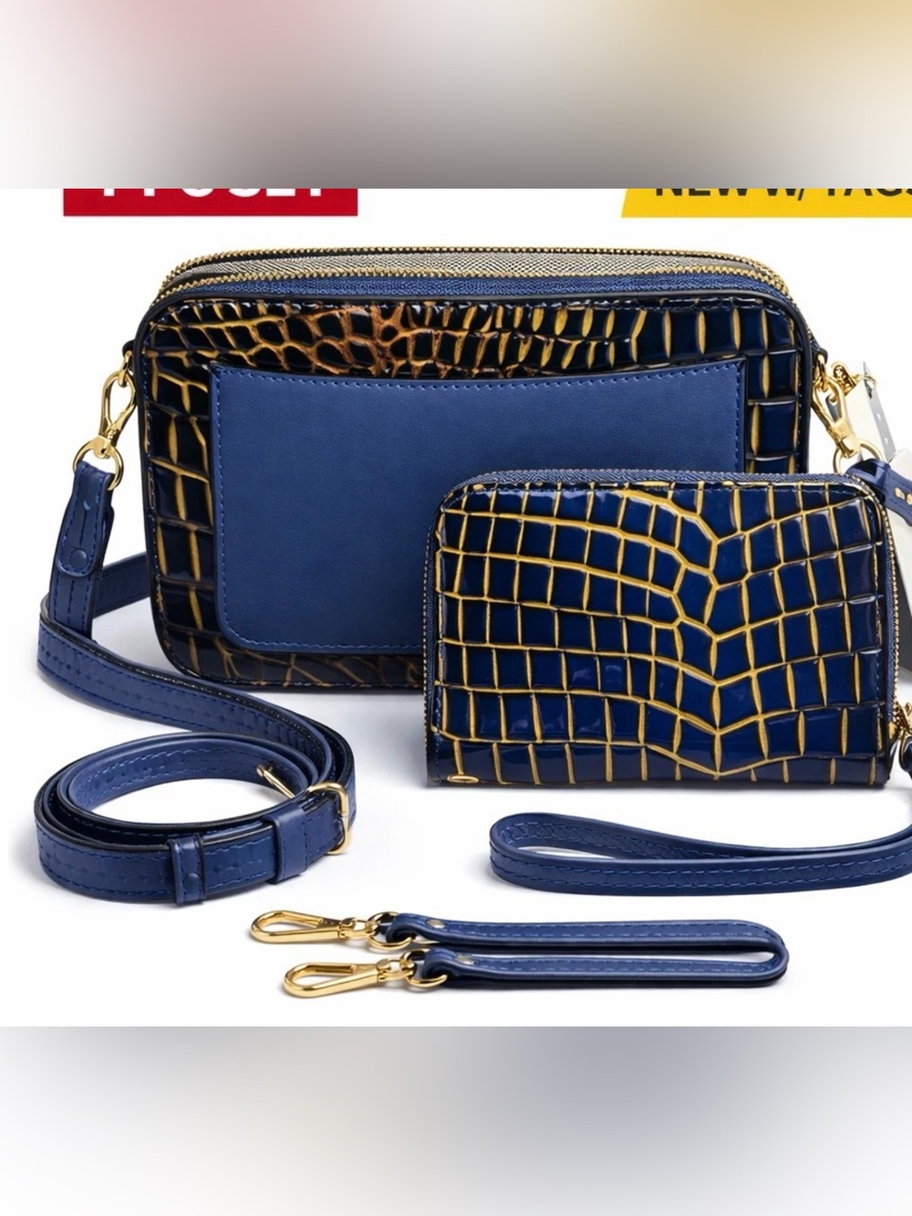Blue Croc-Embossed Crossbody Bag and Wallet Set with Gold Hardware